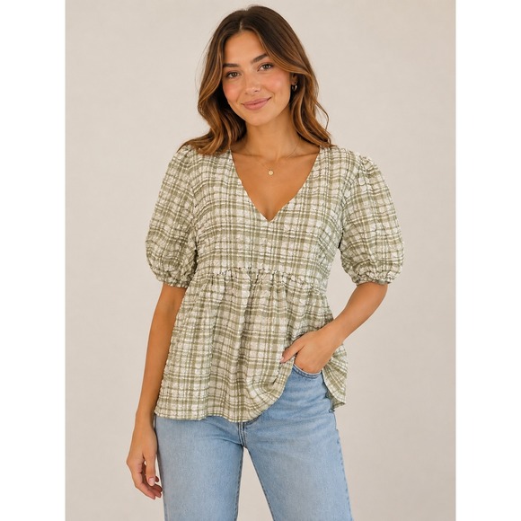 entro Tops - NWT Entro Sage Green Plaid Seersucker Puff Sleeve Babydoll Top V-Neck Large